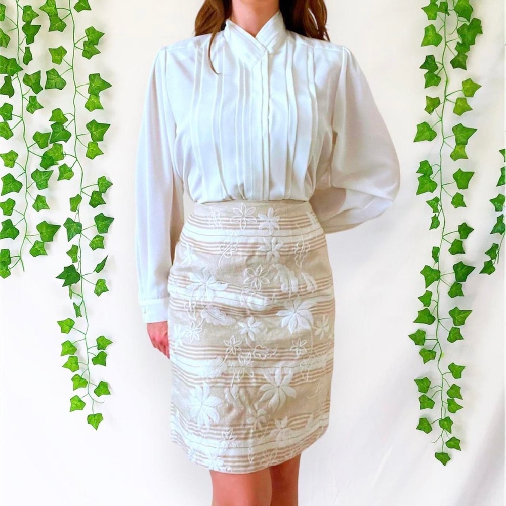 NWOT Vintage 90s linen tan and white palm tree pencil skirt